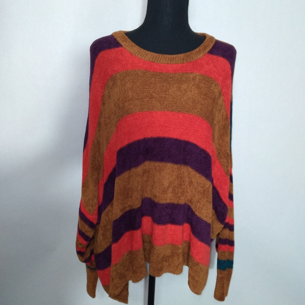 Free People Striped Crewneck Sweater in Rust, Purple, and Coral